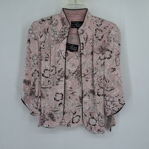 Alex Evenings  NWT MP SHELL Pink Floral Open-Front Jacket with Black Piping Set